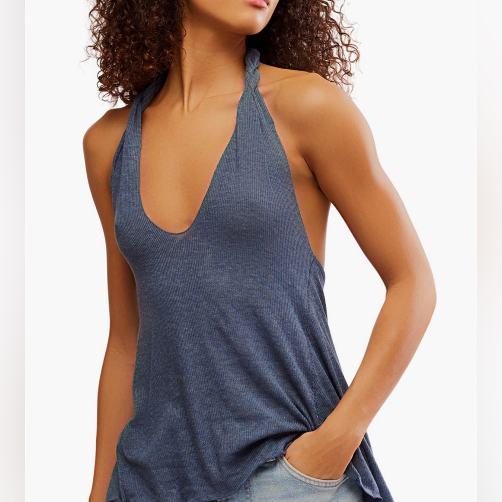 Free People Denim Blue Halter Tank Top